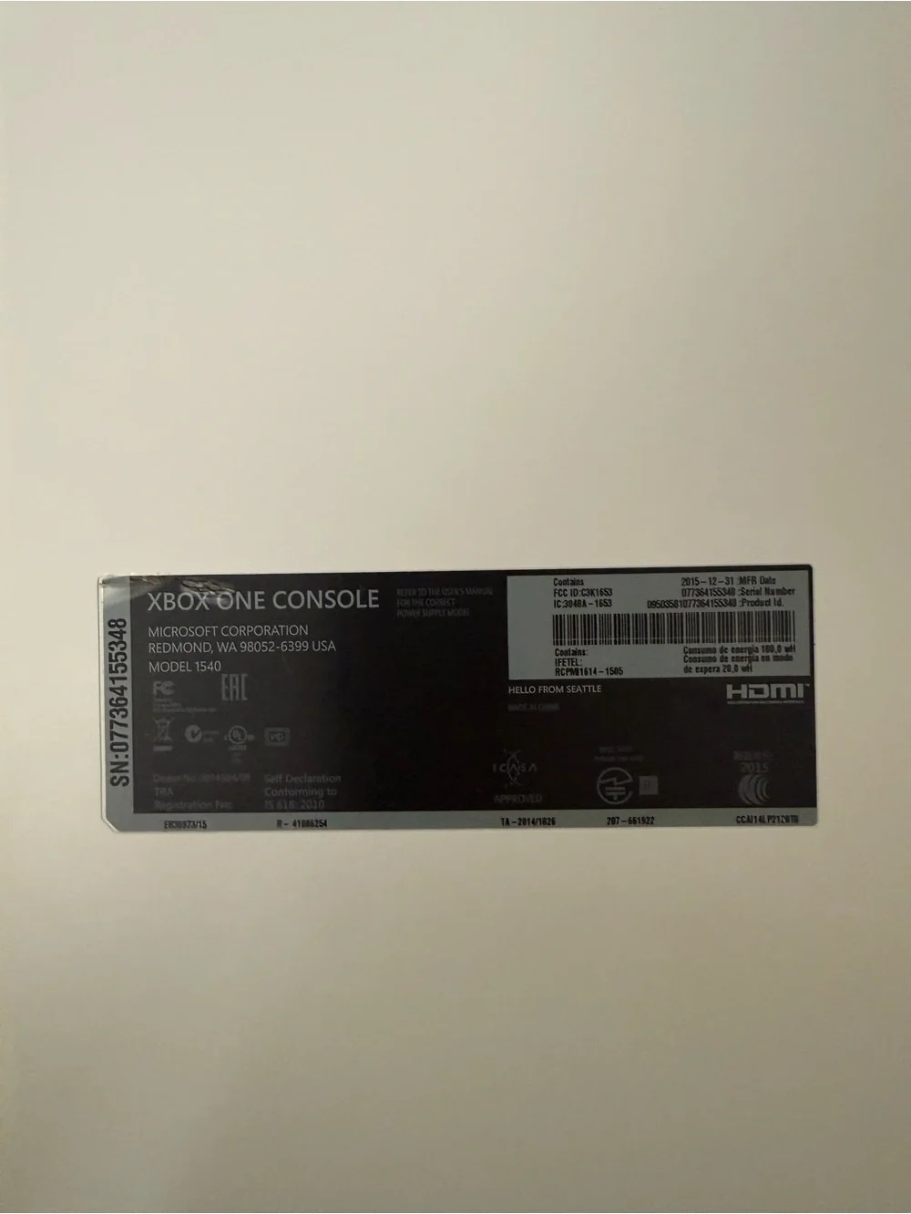 Microsoft Xbox One Console Label - White